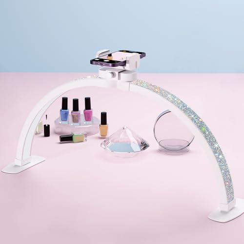 Half Moon Light for Nail Desk 29 inch, Foldable Nail Light for Desk with Phone Holder 3000K-6000K 10 Adjustable Brightness, LED Table Lamp for Manicure, Tattoos, White with Diamonds