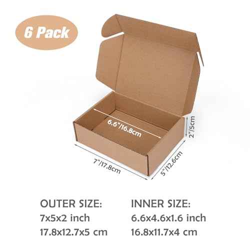7x5x2 Shipping Boxes Set of 6, Small Cardboard Boxes for Packaging, Brown Mailing Boxes for Small Business