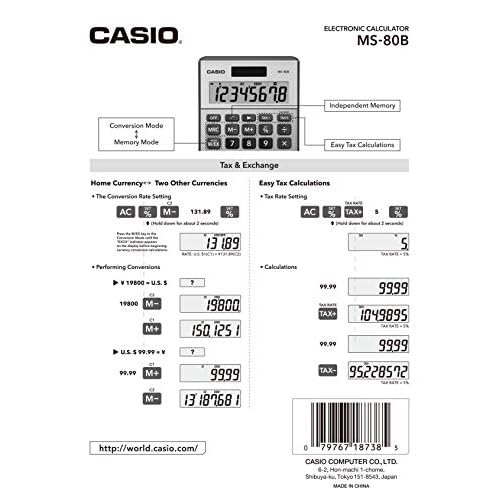 Casio MS-80B Calculator ? Desktop Calculator with Tax & Currency Tools | General Purpose | Large Display | Ideal for Home, Office & Everyday Math