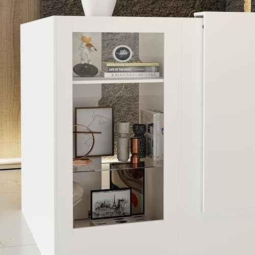 WOODTIME Reception Desk with Counter, Colored LED Light, Glass Front & Open Shelves, Retail Counter with Adjustable Glass Shelves, Checkout Front Desk for Office Clinic Lobby Salon, White