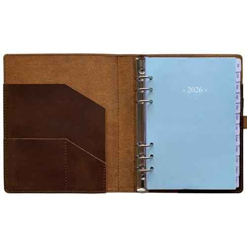 2026 Leather Planner - A5 Genuine Leather 6-Ring Binder Planner with Weekly & Monthly Pages for Men and Women, Inner Pockets and Pen Holder, Refillable