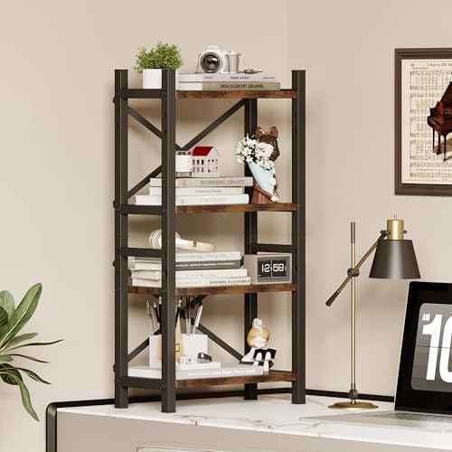 Desktop Bookshelf, 4-Tier Stackable Narrow Bookcase, Adjustable Industrial Desk Organizer & Hutch - Rustic Brown Wood Desktop Book Organizer for Living Room, Bedroom & Home Office