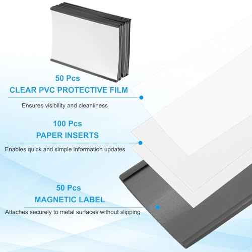 PATIKIL Magnetic Label Holder 4" x 3" with Paper Inserts, 50 Pcs C Channel Magnetic File Cabinet Labels Shelf Data Card Holder Signs for Metal Racks Shelves Whiteboard Tool Box