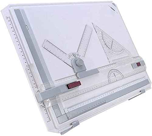 GOTOTOP Drawing Table Board A3 Drafting Board Table Adjustable Measuring System Angle Parallel Motion Drawing Board with Protractor,Paper Locater, Sliding Ruler,Anti Slip Support Leg Office Tool Table