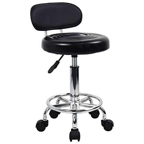 KKTONER PU Leather Modern Rolling Stool with Low Back, Height Adjustable, 360° Swivel, Footrest – Black