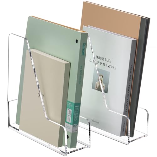 YUXUN Clear Acrylic Magazine File Holders - Vertical Desk File Organizer & Document Holder for Shelves, Office Organizers for Home Office School, Set of 2