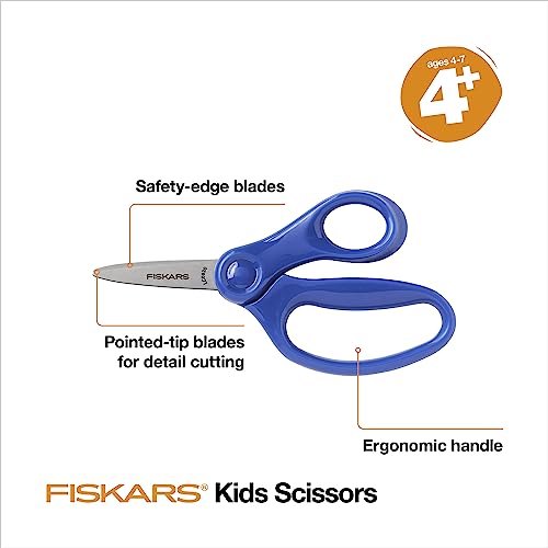 Fiskars Right-Handed 5-Inch Pointed-Tip Kids Scissors, 3-Pack for Ages 4-7, Safe & Durable