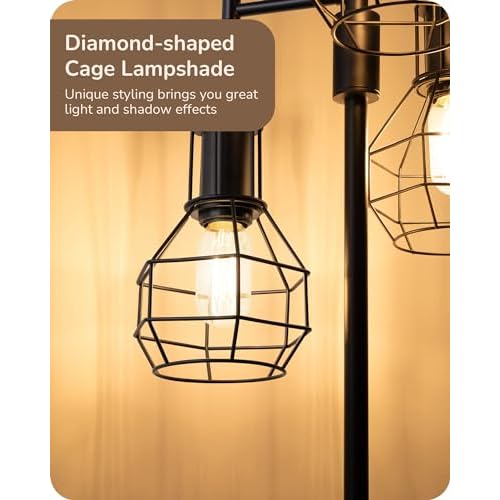 EDISHINE Dimmable Farmhouse Floor Lamp, Industrial Standing Lamp for Living Room, 3 LED Edison Bulbs Included, Black Corner Rustic Tall Tree Reading Lamps Home Decor for Bedroom, Office