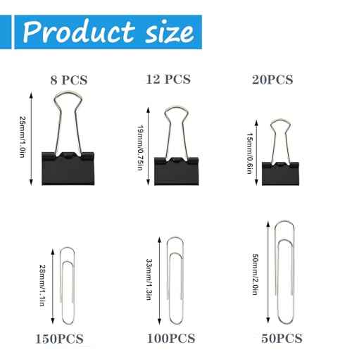 340 PCS Paper Clips and Binder Clips Assorted Sizes, Large Medium Small Silver Paperclips&Black Binder Clip Set for Home&School&Office Document Organizing,Supplies Desk Essentials in Container