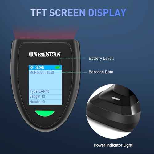 Barcode Scanner Wireless, ONEWSCAN 1D Barcode Reader with Smart Charging Base Stand 2.4G Wireless & USB Wired Connection Plug and Play Handheld Bar Code Scanners with Screen