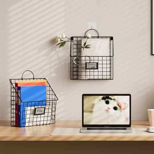 Hanging Wall File Holder Organizer Metal Wall Mount File Folders Holder Magazine Rack with Handles and Hooks , for Home Office, 4 Packs, Black (Patent Pending)