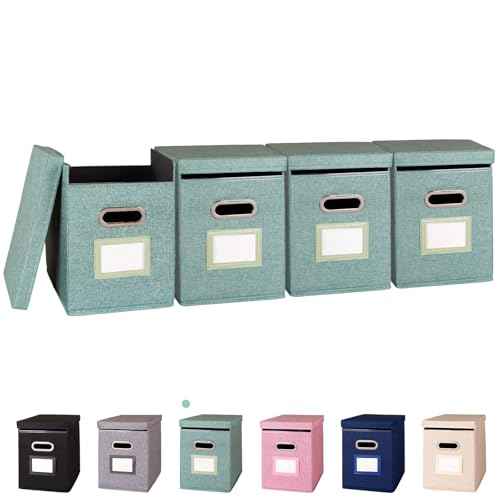 4 Pack Hanging File Folders Organizer with Lid, Letter Size Fabric File Storage Box Collapsible, Portable Office Document Holder with Metal Handle, Smooth PVC Rails, Green