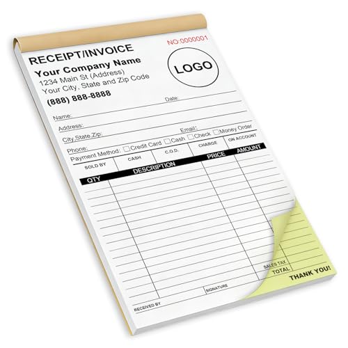 Custom Receipt Book with Carbonless Copies – 2-Part Invoice Book, 5.5 x 8.5, Sequential 001-100, Logo Personalization