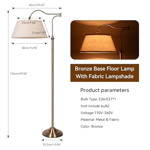 Swing Arm Floor Lamp, Brass Floor Lamps for Living Room with 180¡Æ Adjustable Cantilever, Beige Linen Lampshade, Mid Century Floor Lamp for Bedroom Office Home Nursery Study Room Hotel(Bronze)