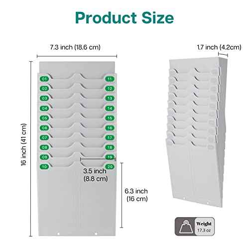 Flexzion Time Card Holder Wall Mount Expandable Time Clock Rack Double Row 20 Slot Rack Card Holder for 7 x 3.46-Inch Timesheets for Attendance Payroll Employee Assignment in Out Timecard Rack, Gray