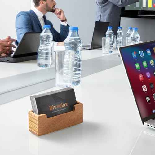 Bivvclaz Business Card Holder Desk, Acacia Wood Business Card Organizer Desktop Business Card Display Stand for Office Tabletop Exhibition, Small Business Essentials