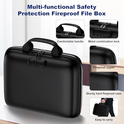 Fireproof Document Box, Hard Case Fireproof File Organizer with Lock and 13 Pocket Accordion File Folder, Portable Safe Box for Home Office Travel to Storage Important Documents Laptop Black