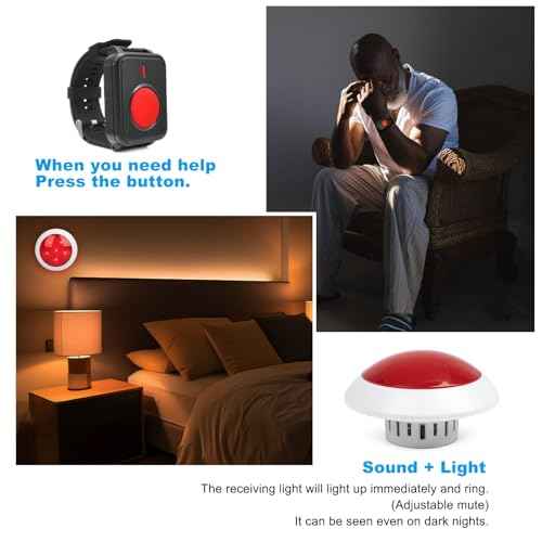 Medical Alert Button Emergency Call System with Strobe Light & Watch Button, 500ft Range Elderly Alert for Bed/Bathroom Safety, Home Care Pager with Necklace+Wrist Transmitters (1 Receiver+2 Buttons)