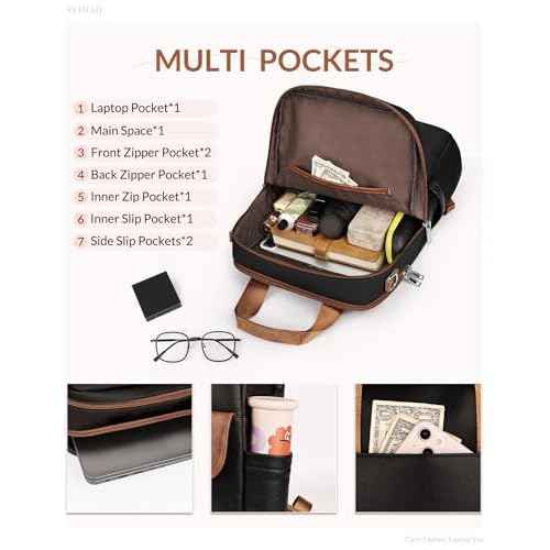 Leather Laptop Backpack 15.6 Inch Womens Laptop Bag, 3 IN 1 Computer Bag Handbag with Colorful Shoulder Bag Strap for Work Travel College Black Brown