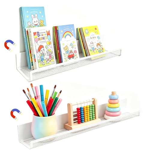 Mofuiry 2 Pack White Metal Magnetic Book Shelf for Whiteboards Classroom Storage