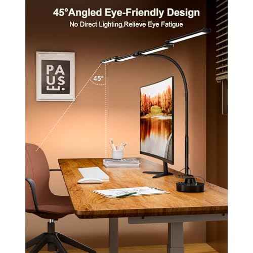 LED Desk Lamp with Clamp, 24W Ultra Architect Desk Lamp for Home Office, Stepless Dimming & Adjustable Gooseneck, Eye-Caring Light with USB Adapter for Reading, Study, Multi-Screen Setup (Black)