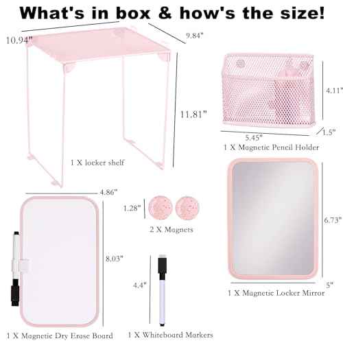 Pink Locker Accessories with Locker Shelf, Magnetic Mirror, Magnetic Pen Holder, Magnetic Small Whiteboard, Back to School Essentials Locker Decorations, 7 Piece Locker Organizer for Work