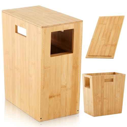 Slim Bamboo Trash Can for Bathroom Small Wooden Trash Can with Lid Wooden Waste Bin with Handle for Bathroom, Home, Office, Laundry, Bedroom, Kitchen, Living Room,12.9'' x 6.4'' x 13.3''