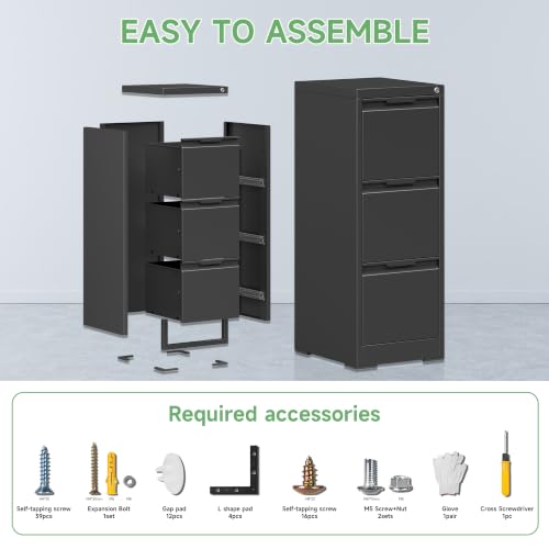 LONGLINK 3-Drawer Locking File Cabinet, 15W Black – Letter/Legal/A4 Filing