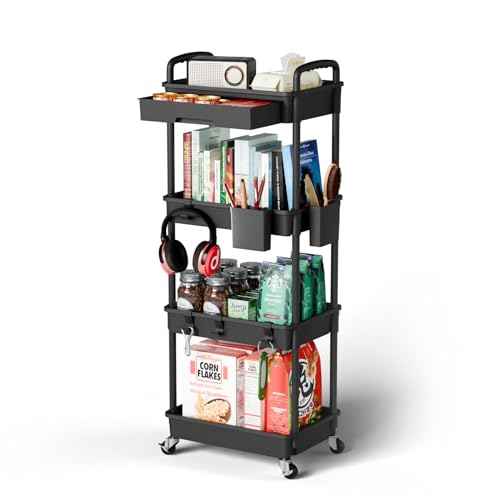 4 Tier Rolling Cart Organizer,Art Craft Diaper Bedside Snack Laundry Room Bathroom Organizer Narrow Thin Slim Rolling Trolley Utility Cart with Wheels for Kitchen,Office(Black)