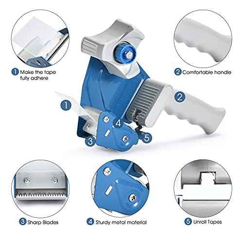 Packing Tape Dispenser Gun (4 Packs) Pacific Mailer 2 Inch Tape Gun Dispenser with 2 Inch Carton Packing Tape, Lightweight Industrial Side Loading Tape Dispenser - Blue