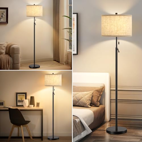 GyroVu Black Floor Lamp, Height Adjustable Standing Lamp Tall Lamp with Fabric Lampshade&Pull Chain Corner Floor Lamps for Living Room, Bedroom & Office Bulbs Not Included(Black Base)