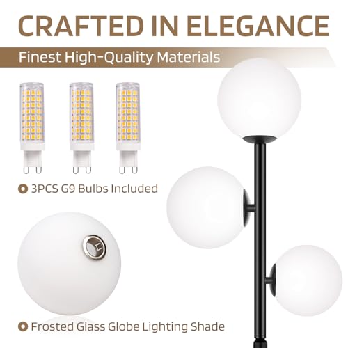 67" Mid Century Floor Lamps for Living Room, 3 Globe Floor Lamp with Frosted Glass Shades, Adjustable Height Standing Lamp with Foot Switch, Tall Lamps for Bedroom Office, G9 Bulbs Included, Black