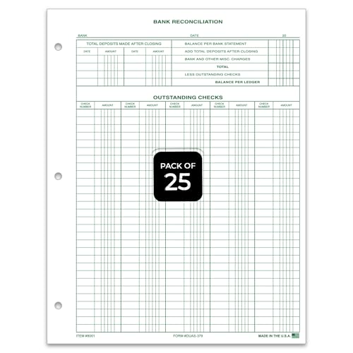 Bank Reconciliation Forms (DUAS-379) 8.5 x 11 Green Ledger Paper, Pack of 25