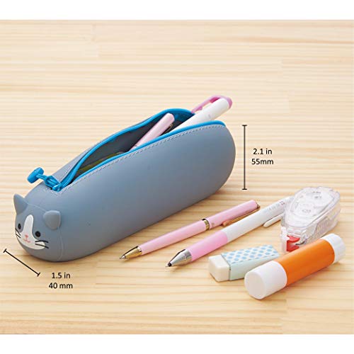 LIHIT LAB PuniLabo Gray Cat Zipper Pen Pouch 2.5x7.9in Silicone Cosmetic Organizer
