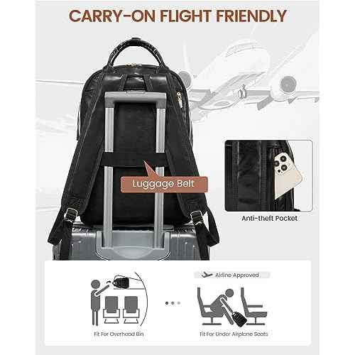 LOVEVOOK Vintage PU Leather 15.6 inch Women's Laptop Backpack, Black, 25L, Water Resistant, USB Charging Port