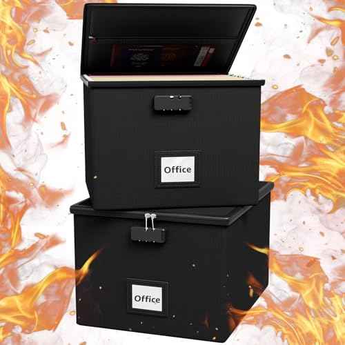 2 Pack Fireproof Document Box File Organizer - Portable Waterproof Fire Safe Locking Filing Storage Box with Handle for Hanging Letter Size Folder Important Document