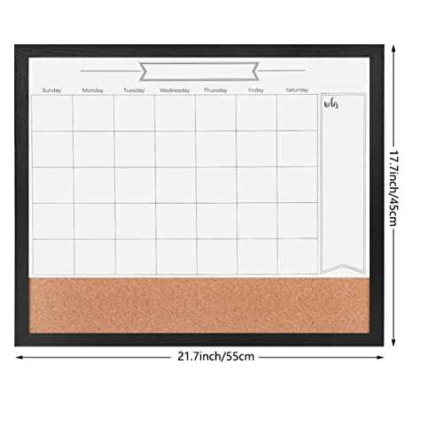 Dry Erase Calendar Whiteboard for Wall, Small Combination Magnetic Dry Erase White Board & Bulletin Board, 17.7" x 21.6" Black Wood Framed Blackboard/Calendar/Cork Combo Board(ZHYL-BK-4555