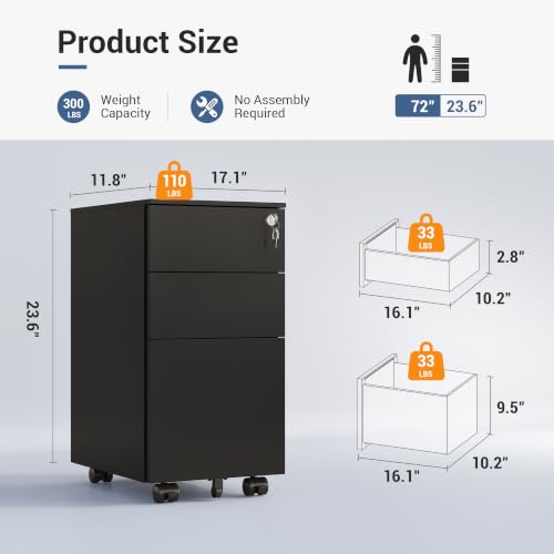 Devaise 3-Drawer File Cabinet with Lock, Fully Assembled Except Casters – Black, 11.8W x 17.1D x 23.6H