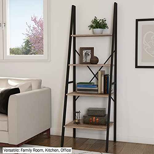 Lavish Home 4-Tier Ladder Bookshelf - Freestanding Bookcase with X-Back Frame and Leaning Look - Display Shelves for Home and Office (Black/Gray)