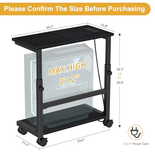 Snughome Computer Tower Stand with Charging Station, 25.0"-32.1" Height Adjustable PC Tower Stand for Floor, Mobile PC Holder with Locking Wheels Computer Cart for Home Office
