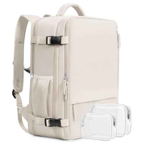 Beraliy Travel Backpack, Large Carry On Backpack, Personal Item Travel Bag, Airline Approved 17 Inch Laptop Backpack, College Weekender Business Hiking Bag, Beige