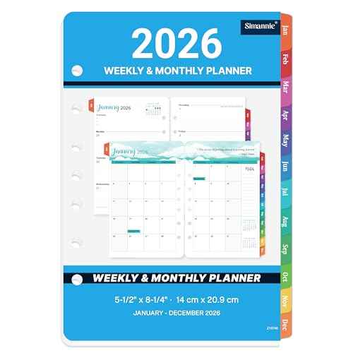 2026 Planner Refills - A5 Planner Inserts with 7-Hole Punched, JAN 2026 - DEC 2026, 5-1/2" x 8-1/2", Planner Refills 2026, A5 Binder Inserts, 2026 Weekly and Monthly Planner Refill with Colorful Tabs