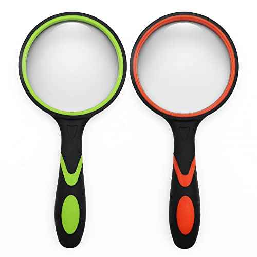 2 Pack 75mm 10X Handheld Magnifying Glass,Rubber Reading Magnifier for Kids Seniors, Suitable for Hobbies and Science