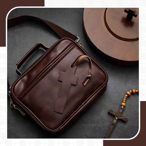 Bible Cover Case for Men, Large Leather Bag with Study Supplies, Journaling Kit Book Carrying Case with Highlighters Pens, Gel Pens, and Bible Tabs, Leather Bookmarks for Christian Chirstmas Gifts