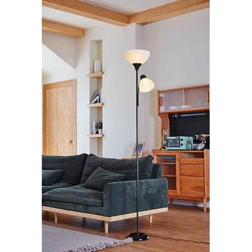 GLOBE Electric 67135 72" Torchiere Floor Lamp and Adjustable Reading Light, Matte Black, Frosted Shade, Dual Rotary Switch, 3-Step Dimming, Modern Lighting for Living Room or Office
