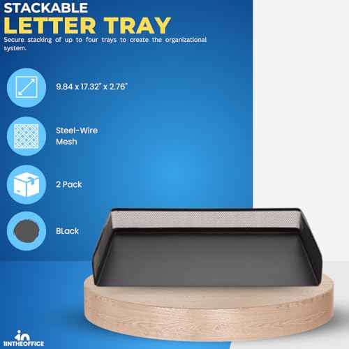 1InTheOffice Side Load Letter Tray Stackable, Black Mesh Tray Legal Size, "2 Pack"