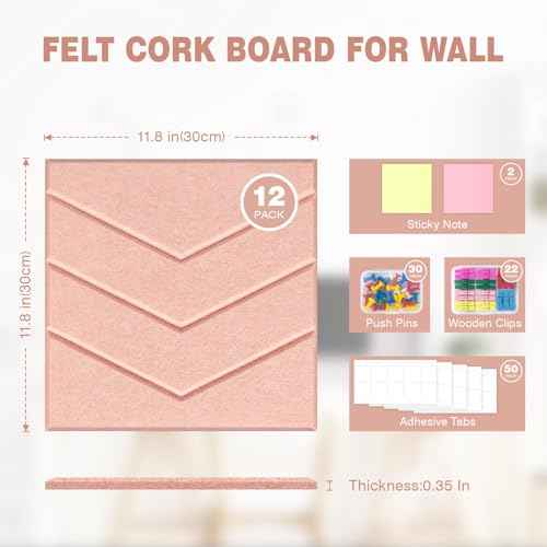 Large Cork Board 48"x36",12 Pack Cork Board Tiles for Wall,Felt Bulletin Board with Sticky Notes, Push Pins & Clips,Tack Board for Office Home Pink