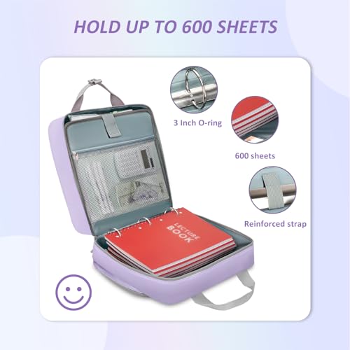 Ytonet Zipper Binder with Shoulder Strap, 3 Inch 3 Ring Binder with Zipper, 600 Sheets Large Capacity Waterproof School Binders Organizer for Girls Students Fit 15.6 Inch Laptop, Purple