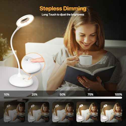 LED Desk Lamp with 3 Color Modes, Touch Control 30 LEDs Table Lamp, Stepless Dimming Reading Light,360¡Æ Flexible, Rechargeable Portable Eye-Caring Sleep Aid for Dorm Study Office Bedroom, White