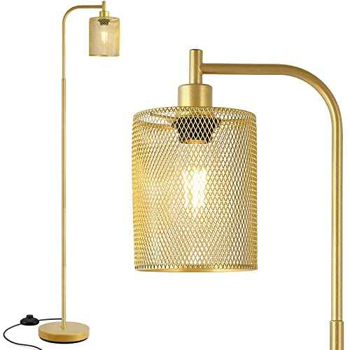 BoostArea Industrial Gold Floor Lamp, 67 Inch LED Standing Lamp with Iron Mesh Lampshade, 6W Brass Stand Up Lamp for Living Room, Bedroom, Office, Den